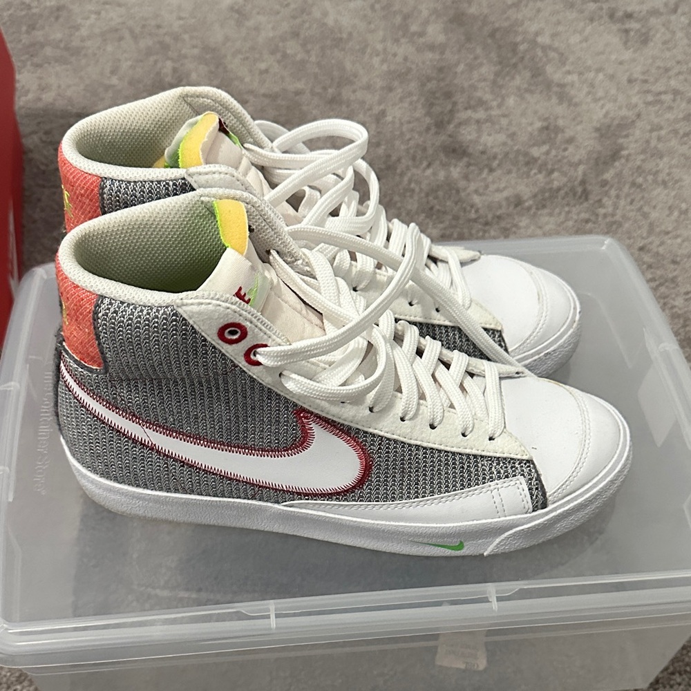 Nike High-Tops with Red, Gray, and White Design
